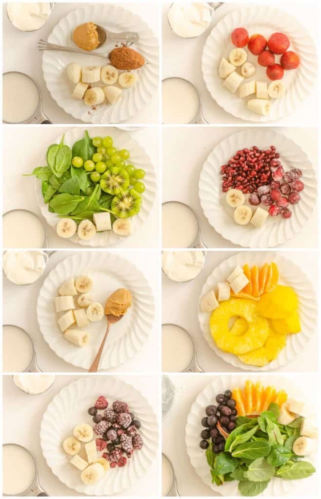 8 Pictures of plates with different ingredients on them for smoothies