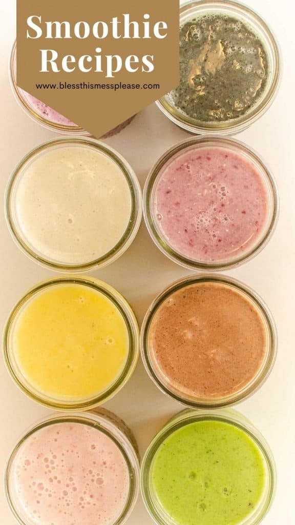Top view of 8 jars filled with smoothies with the words "smoothie recipes" written at the top