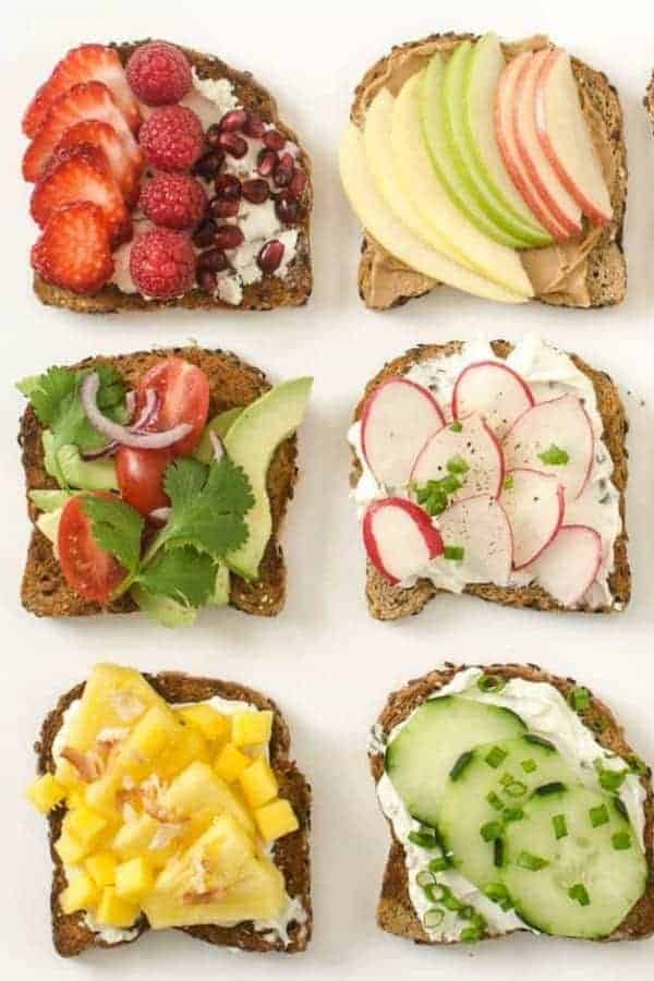 6 slices of toast with a variety of healthy toppings