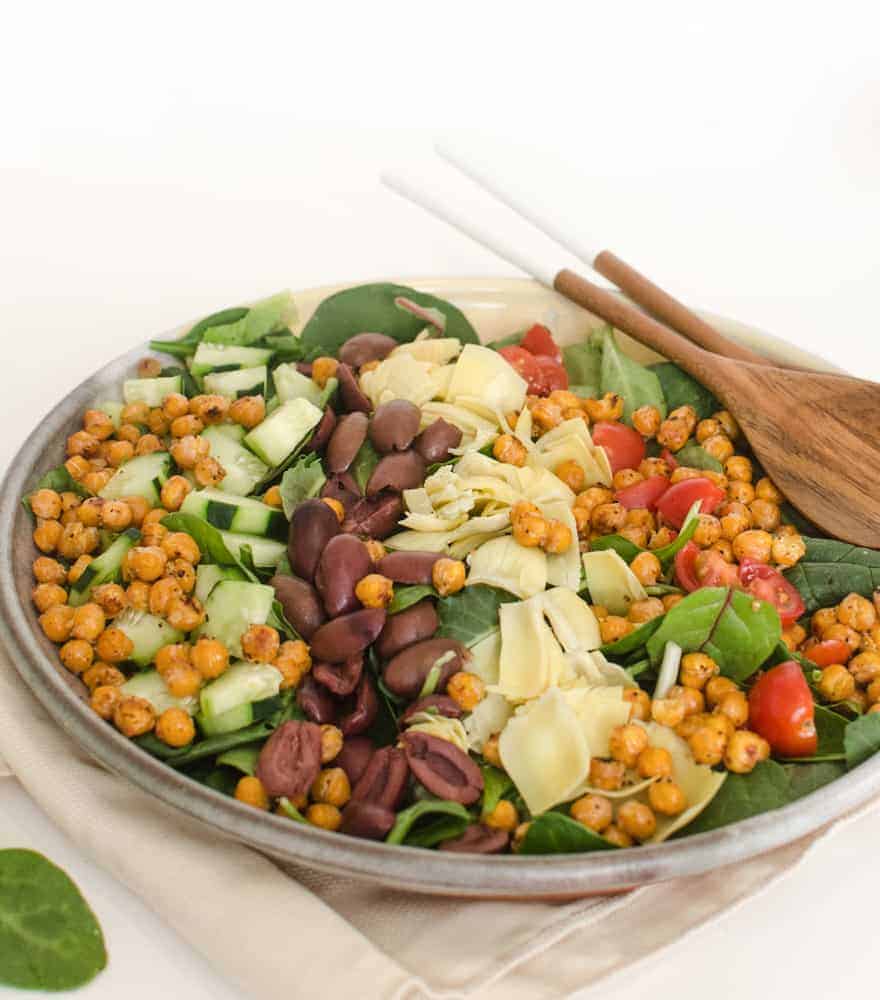 Filled with roasted chickpeas, cucumbers, olives, and artichoke hearts, this Mediterranean Salad is sure to be a favorite.