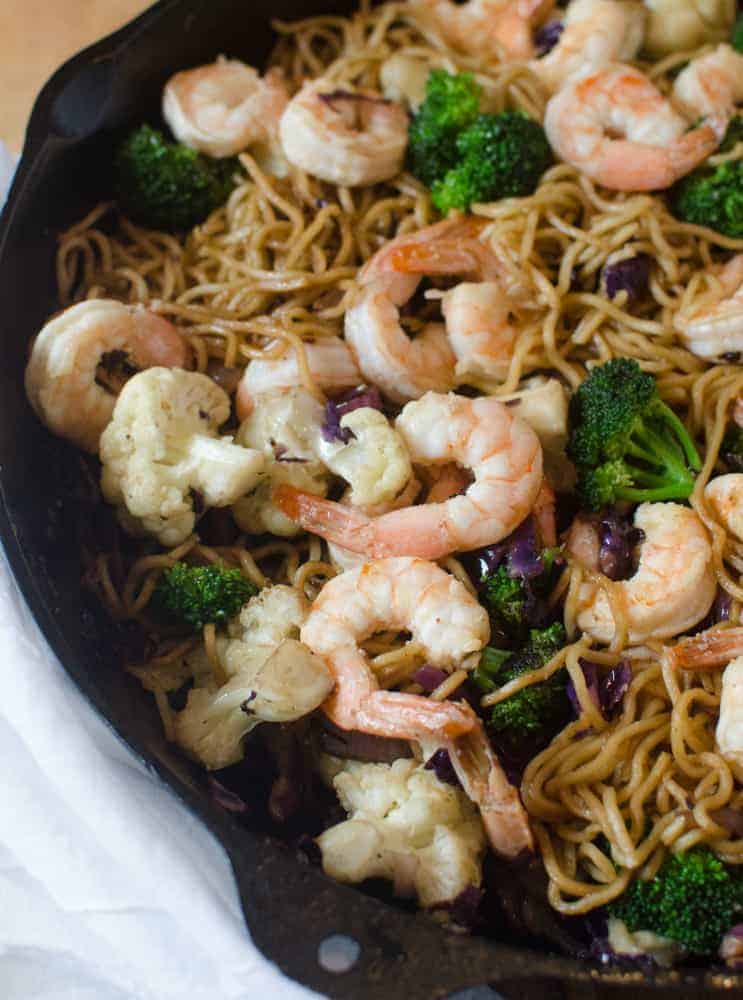 Shrimp Noodle Stir Fry that is full of veggies, done in under 30 minutes and tastes just like the little packets of ramen you get at the grocery store, but without all the artificial ingredients!