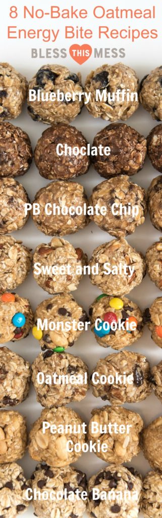 Title Image for 8 No-Bake Oatmeal Energy Bites Recipes with examples and titles for each variety