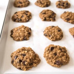 A baking sheet lined with parchment paper holds several freshly baked applesauce oatmeal cookies with chocolate chips arranged in rows.