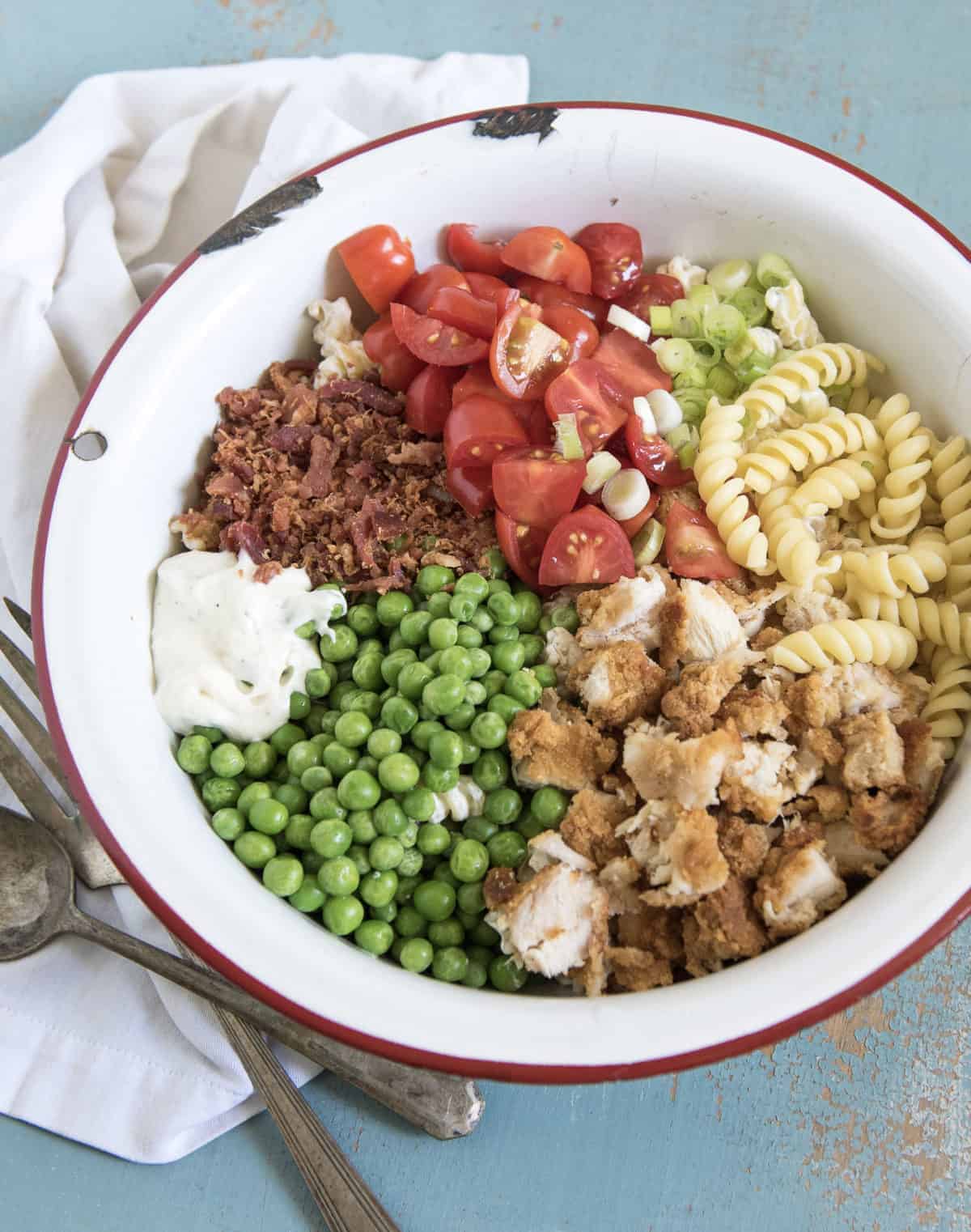 Bowl of chicken bacon ranch pasta salad