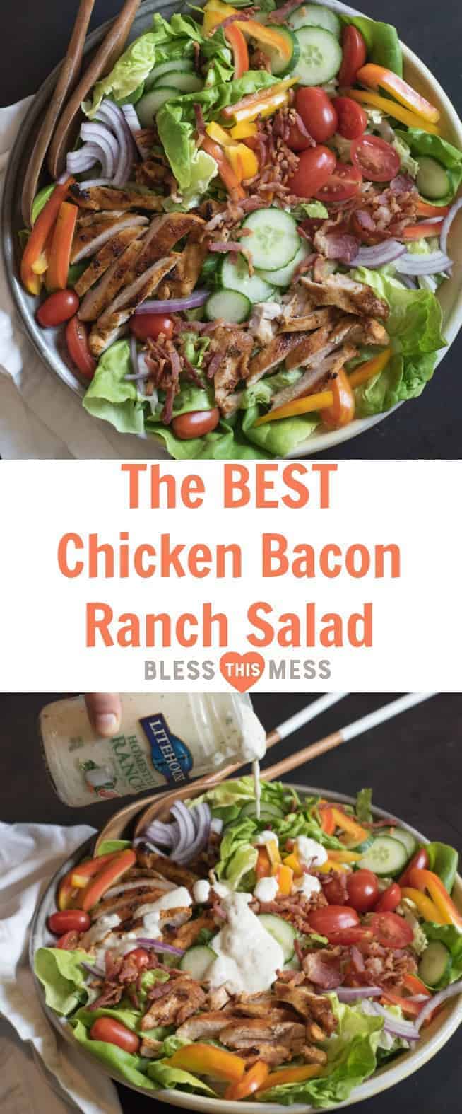 The BEST Chicken Bacon Ranch Salad of summer is a main dish green salad topped with all of your favorite things such as pan seared chicken, bacon, tomatoes, cucumber, and plenty of ranch dressing!
