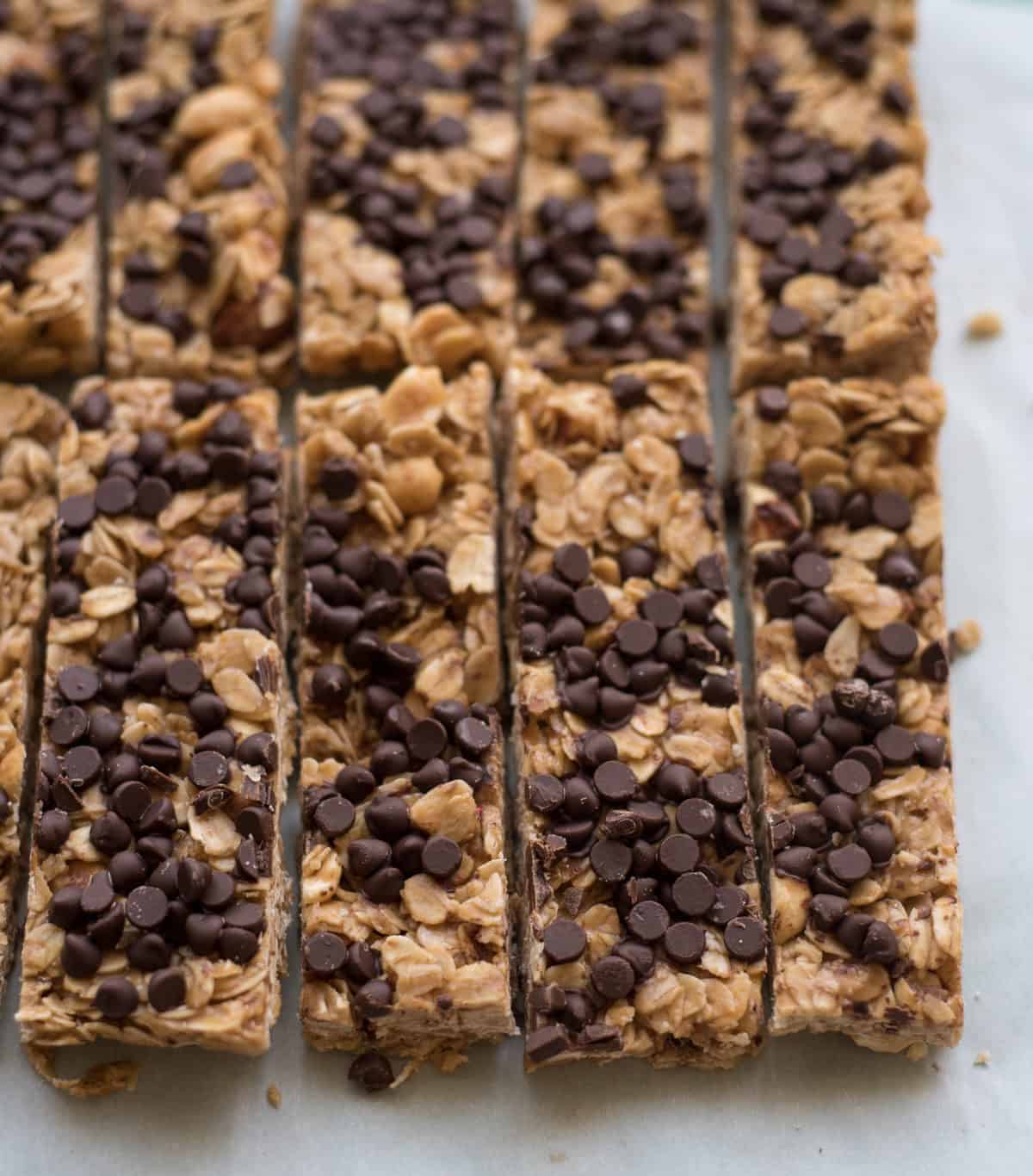 The Best Homemade Chocolate Chip Granola Bars cut into narrow rectangles.