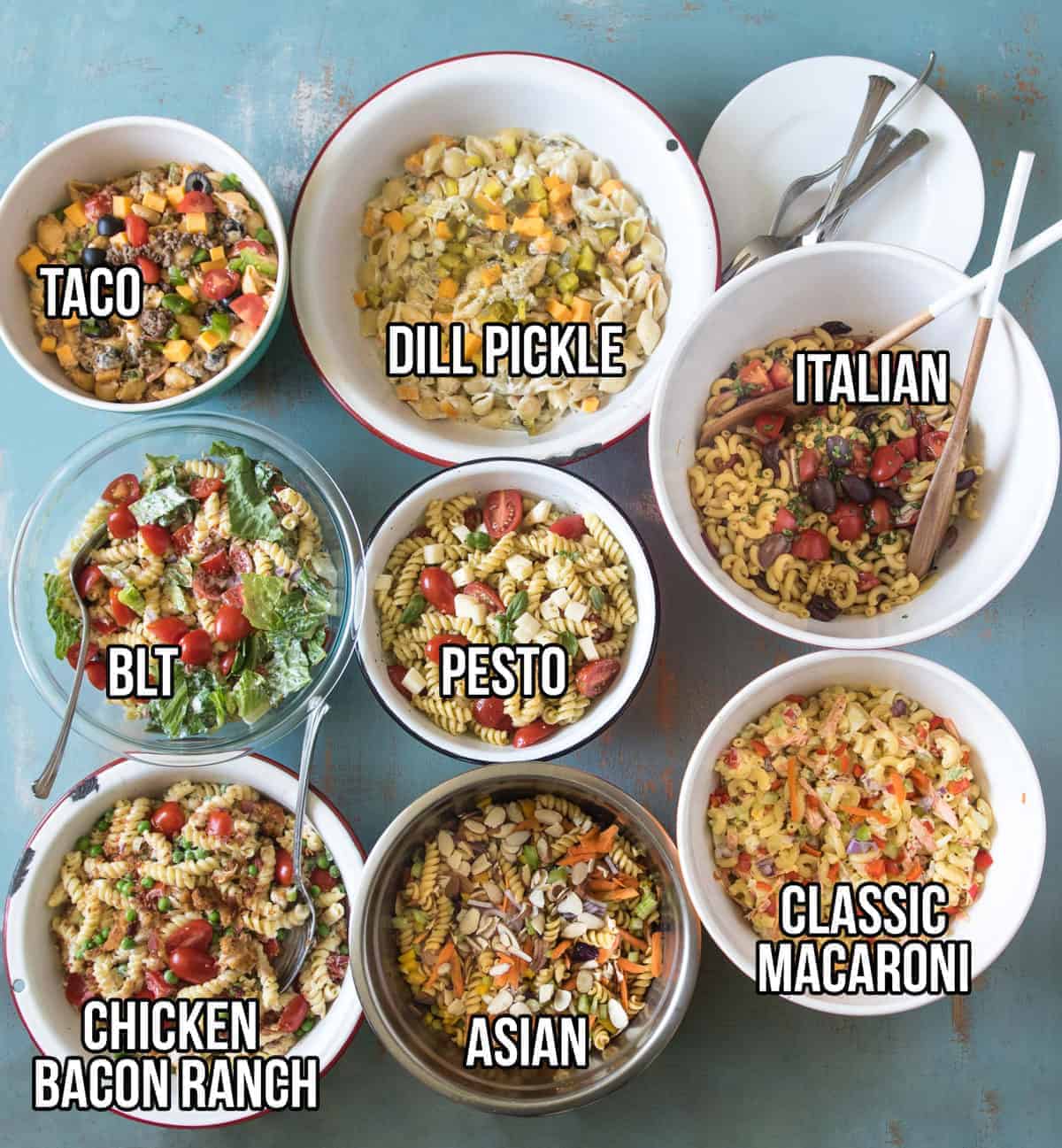8 of my favorite pasta salad recipes plus tips and tricks on making the best pasta salad ever. BLT, Asian, Italian, Pesto, and more!