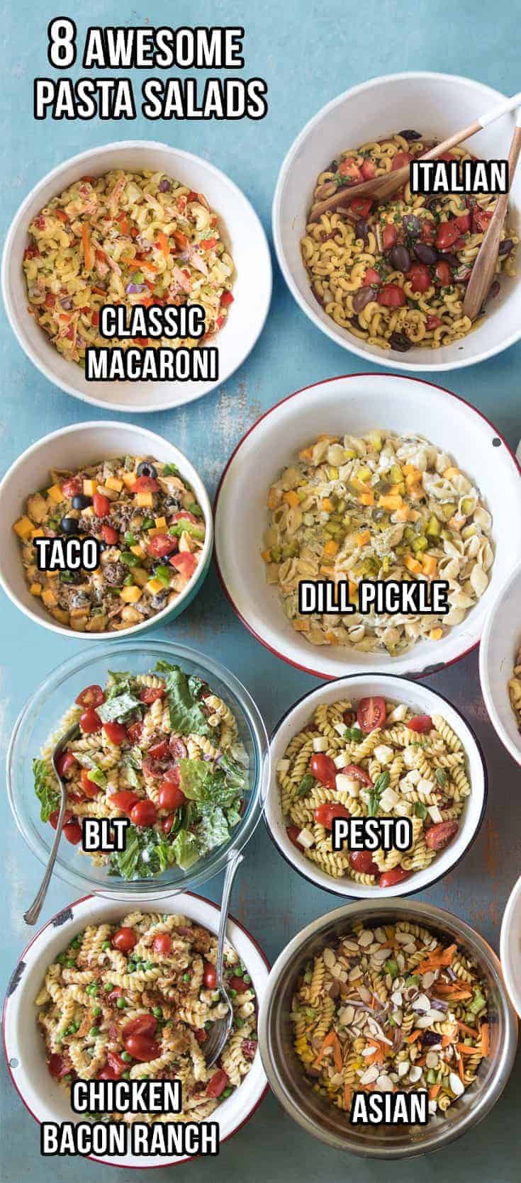 8 of my favorite pasta salad recipes plus tips and tricks on making the best pasta salad ever. BLT, Asian, Italian, Pesto, and more!