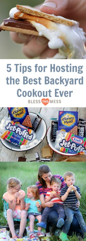 Title Image for 5 Tips for Hosting the Best Backyard Cookout Ever with a images of bowls with Smores ingredients of graham crackers, marshmallows, and chocolate, a complete Smore, and a woman with four children eating Smores in a grassy field