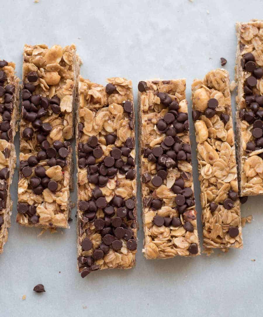The Best Homemade Chocolate Chip Granola Bars cut into narrow rectangles.
