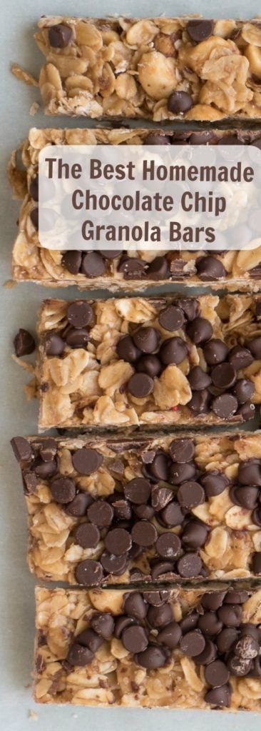 Title Image for The Best Homemade Chocolate Chip Granola Bars with 5 sliced homemade granola bars topped with chocolate chips