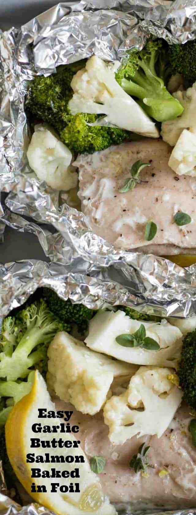 Quick and easy garlic butter baked salmon in foil with broccoli and cauliflower makes an easy dinner recipe that is done in about 20 minutes. 