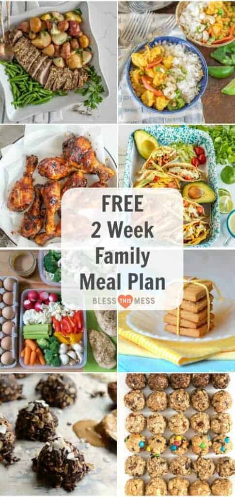 Title Image for Free 2 Week Family Meal Plan and 8 examples of meals and snacks