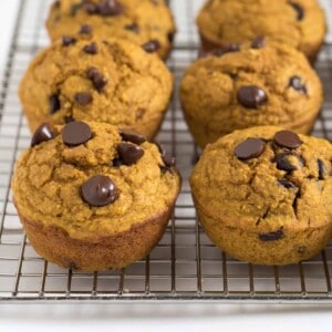 Six pumpkin and chocolate chip muffins are cooling on a wire rack, their golden-brown tops dotted with melty chocolate chips. The muffins have a soft, moist texture, with rich chocolate visible on every side.