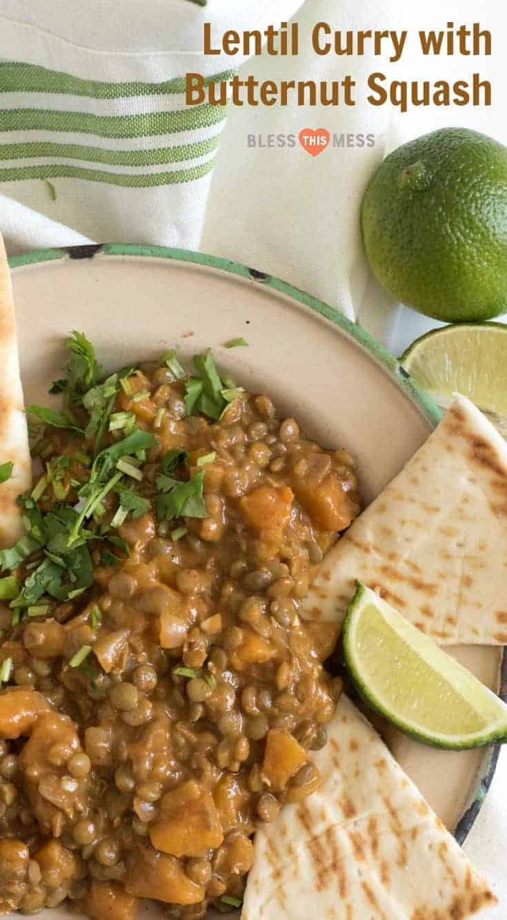 Simple lentil curry made with lentils, butternut squash, and coconut milk makes the perfect healthy plant-based dinner. 