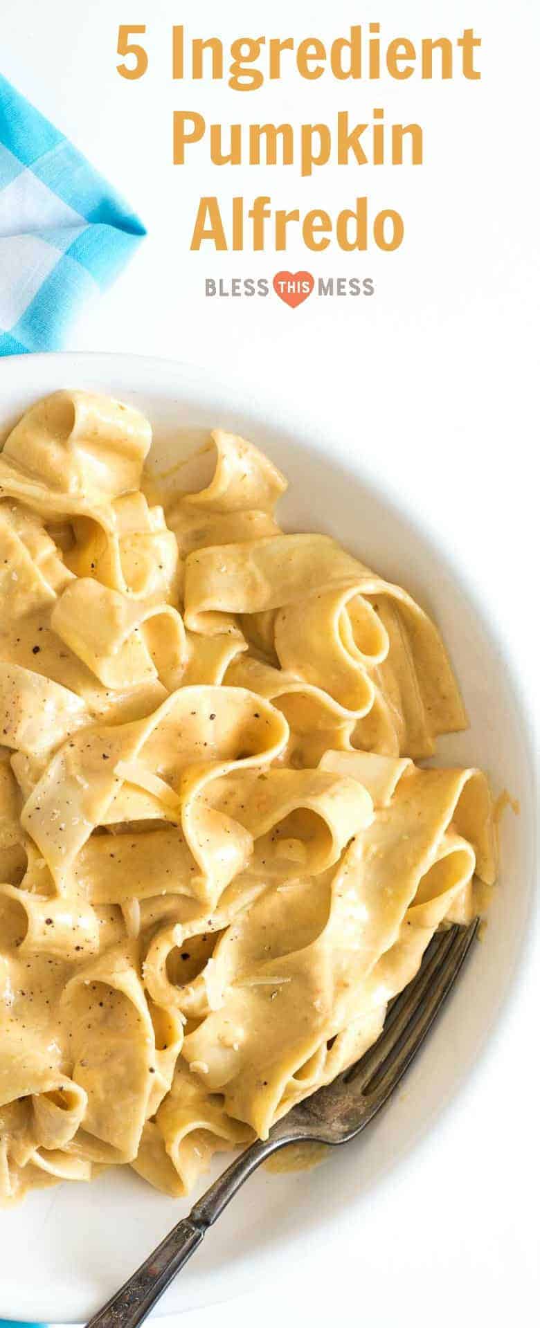 Thick and creamy pumpkin alfredo using canned pumpkin, cream, and garlic makes the perfect sauce for pasta. 