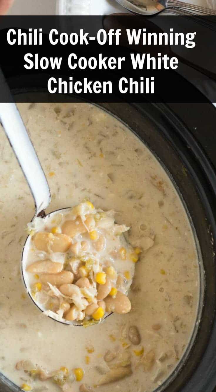 The best creamy slow cooker white chicken chili on the block. This recipe is super easy to make, cooks by itself, and is a chili cook off winner!