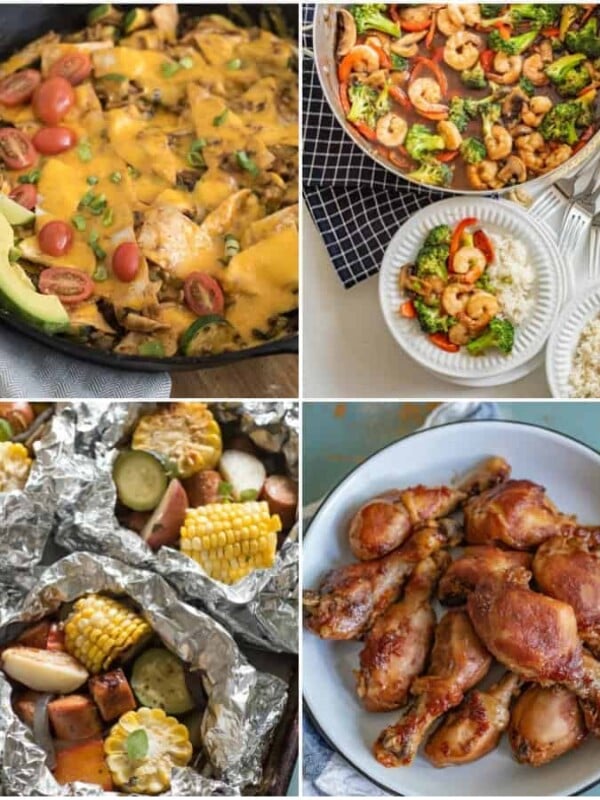 four photo collage of family summer meals