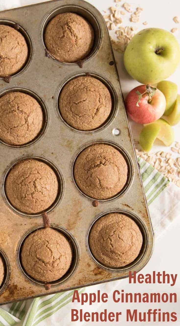 Healthy Apple Cinnamon Muffins that are made in the blender! Made with whole grain oats, apple sauce, maple syrup, and other wholesome ingredients. 