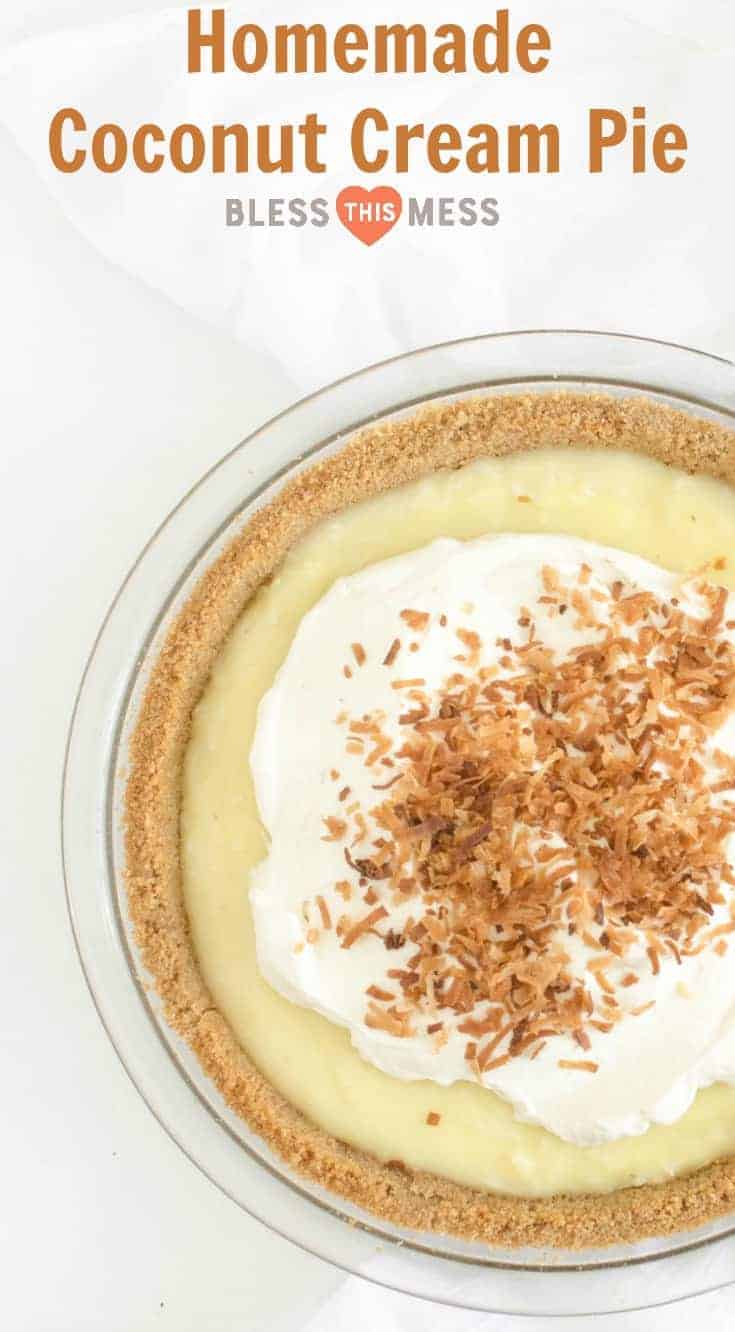 Simple and delicious homemade coconut cream pie in a graham cracker crust topped with real whipped cream and toasted coconut.