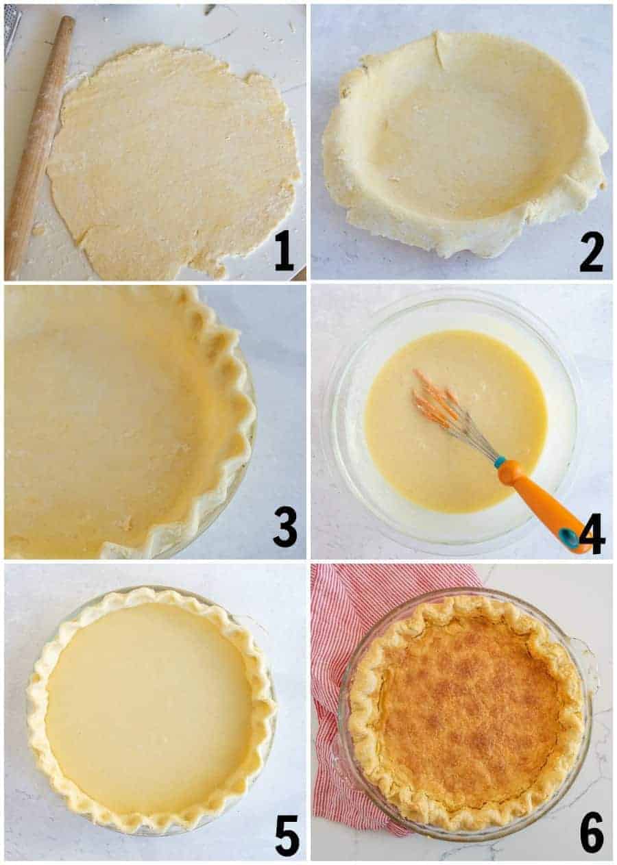 Step by step pictures of a pie being made. Number 1 shows a pie crust rolled out in a large circle and a rolling pin by it. Number two has the pie crust put in a pie dish. Number three shows the pie crust that has been decorated on the edges. Number four shows a glass bowl with the pie filling in it and an orange whisk. Number five show the pie all put together in the dish. Number six shows the cooked pie with a red and white striped dish towel underneath.