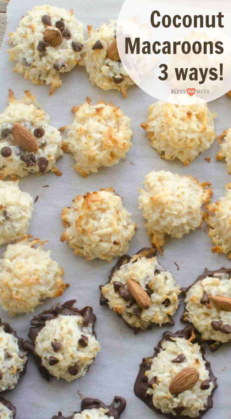 Simple and easy Coconut Macaroons made three different ways! Coconut, chocolate, and almond chocolate and you can make a few of each variety from one batch of cookies. 