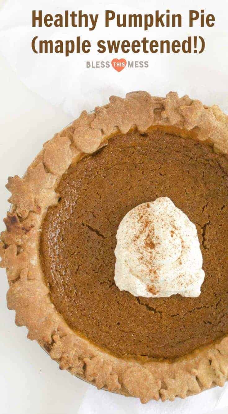 Healthy pumpkin pie recipe in a whole wheat crust sweetened with real cream and maple syrup. One of my favorite whole food pie desserts! 