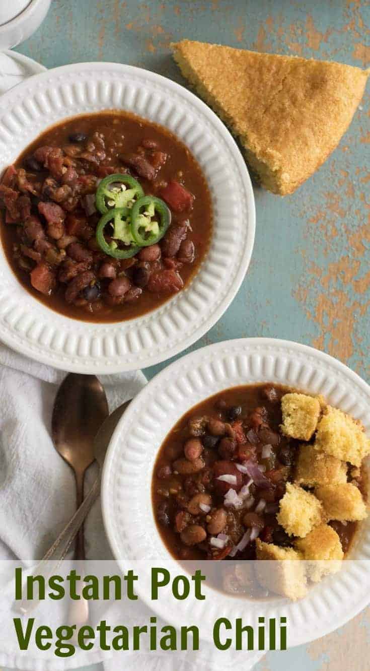 Healthy and flavorful Instant Pot Vegetarian Chili recipe made with a mix of dried beans, vegetables, spices, and a secret ingredient. A healthy, one-pot meatless meal your whole family will love.