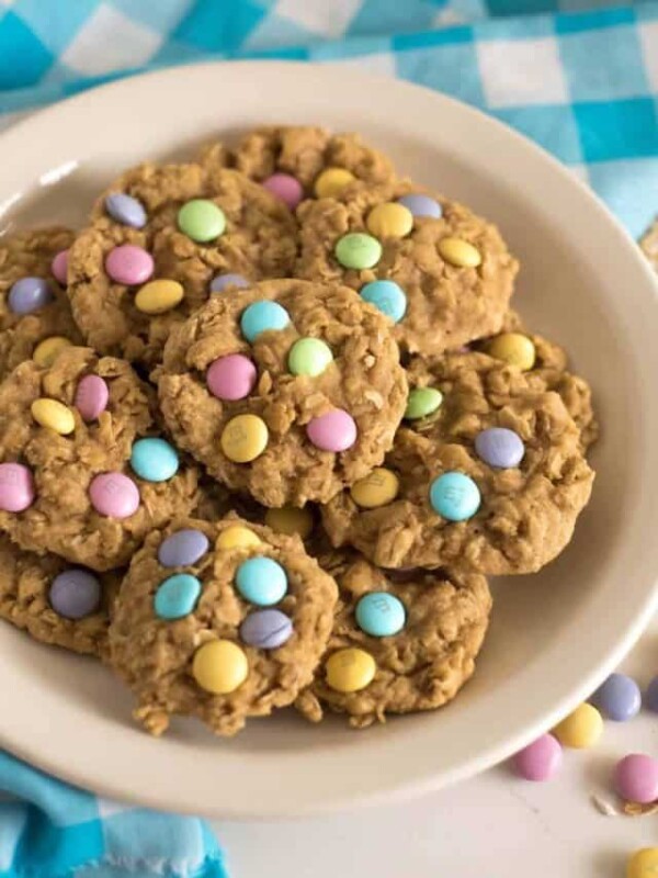 a plate of spring M&M oatmeal cookies