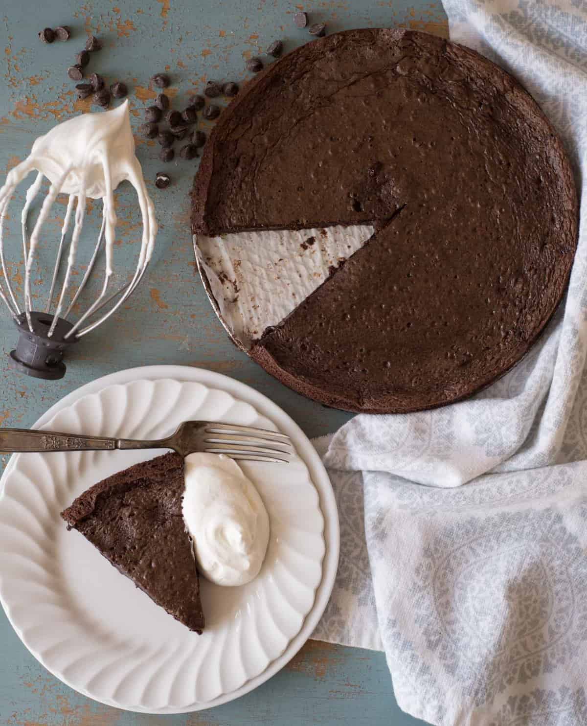 A super simple yet very impressive rich and fudgy flourless chocolate cake recipe that is made with common ingredients, done in less than 30 minutes, and is naturally gluten free.