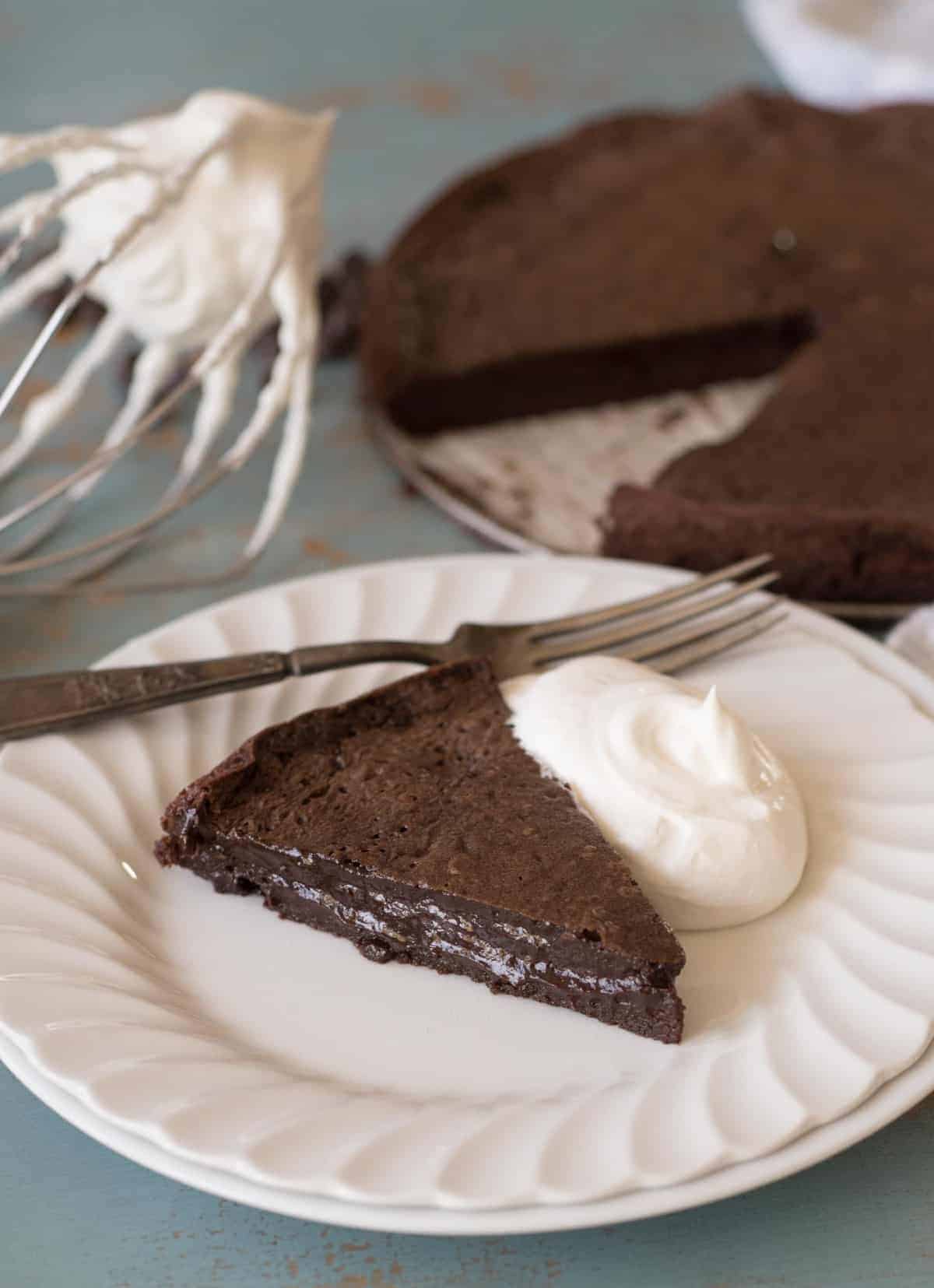 A super simple yet very impressive rich and fudgy flourless chocolate cake recipe that is made with common ingredients, done in less than 30 minutes, and is naturally gluten free.
