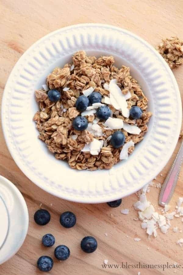 A bowl of granola in a white bowl topped with coconut flakes and blueberries