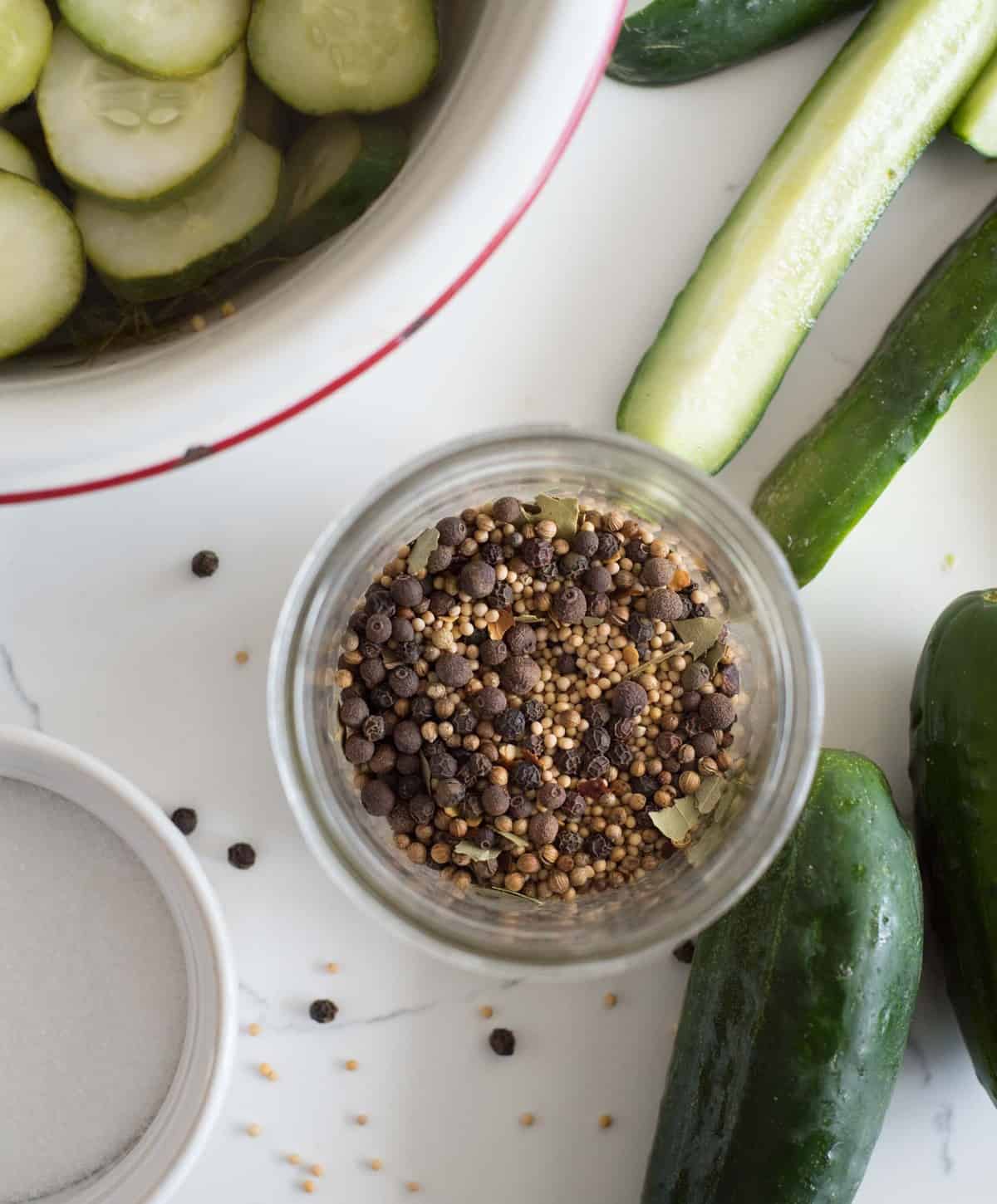 A simple homemade pickling spice recipe to make refrigerator pickles, overnight pickles, canned pickles and more!