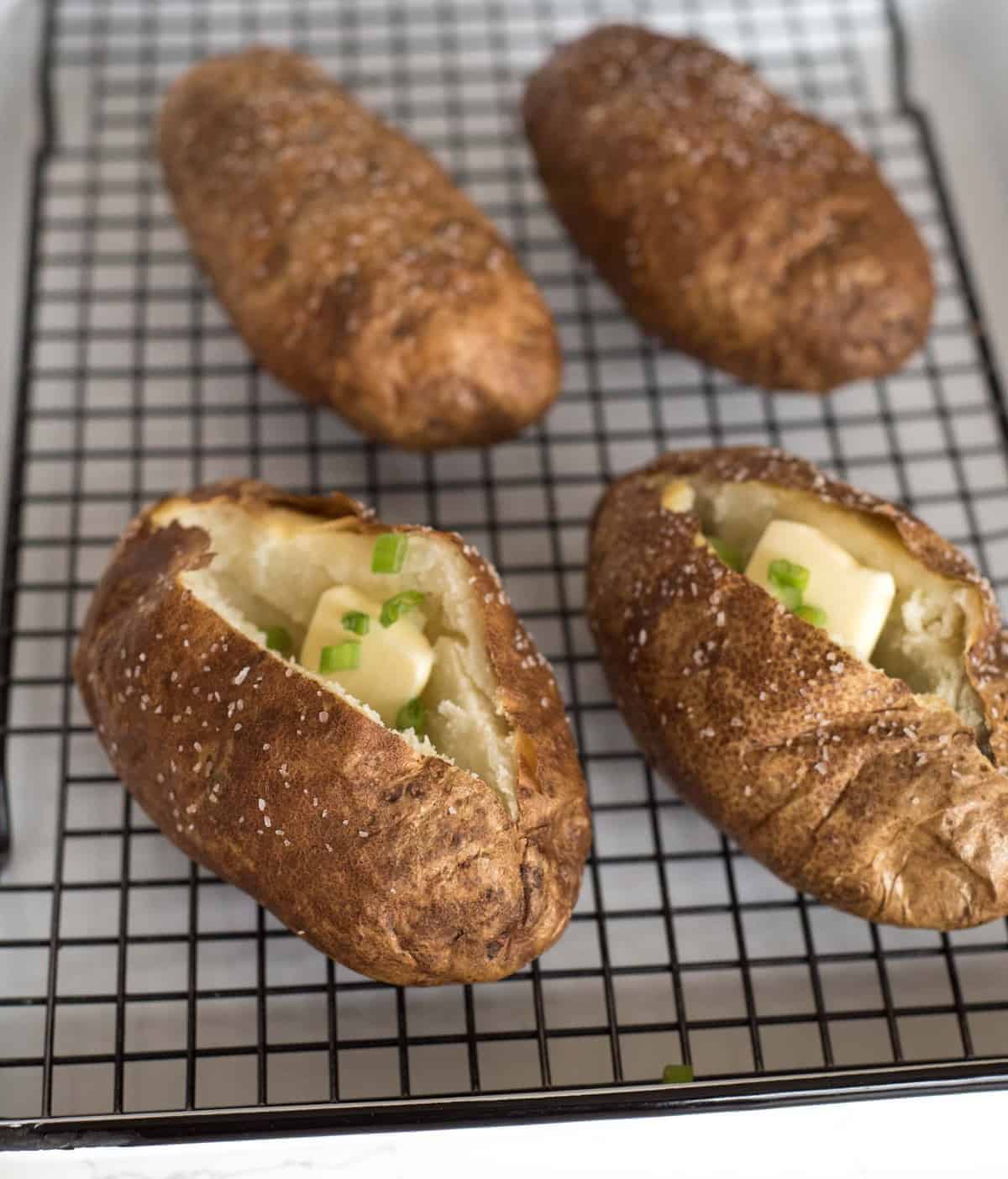 Directions on how to cook potatoes in the oven including oven temperatures, times, and how to do it with and without foil.