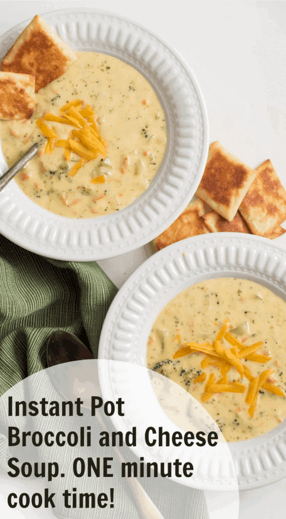 Title Image for Instant Pot Broccoli and Cheese Soup with two white bowls of Broccoli and Cheese Soup topped with shredded cheese and served with squares of bread