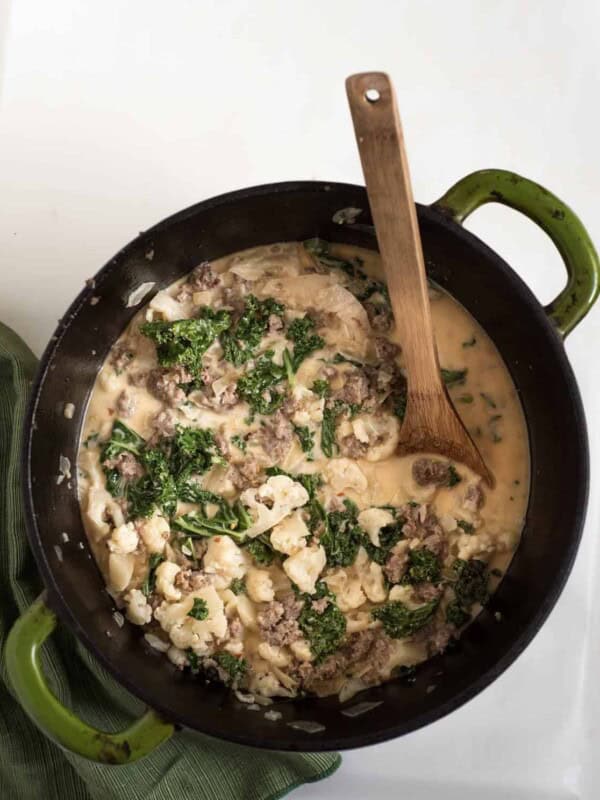 Pot of cauliflower sausage and kale soup