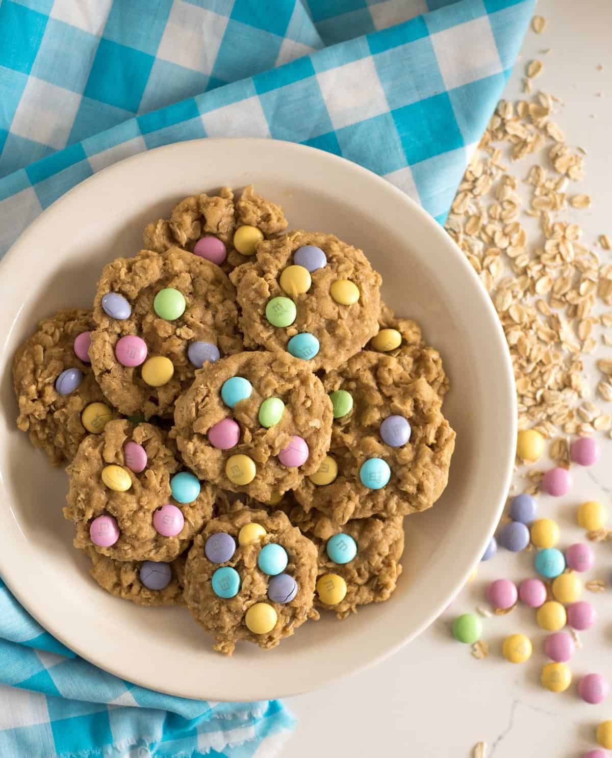 Homemade oatmeal cookies topped with colorful M&M candies to make the cutest cookies on the block; plus they taste great too!