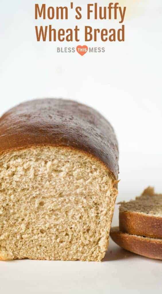 Title Image for Mom's Fluffy Wheat Bread and a loaf of homemade wheat bread with a couple slices cut