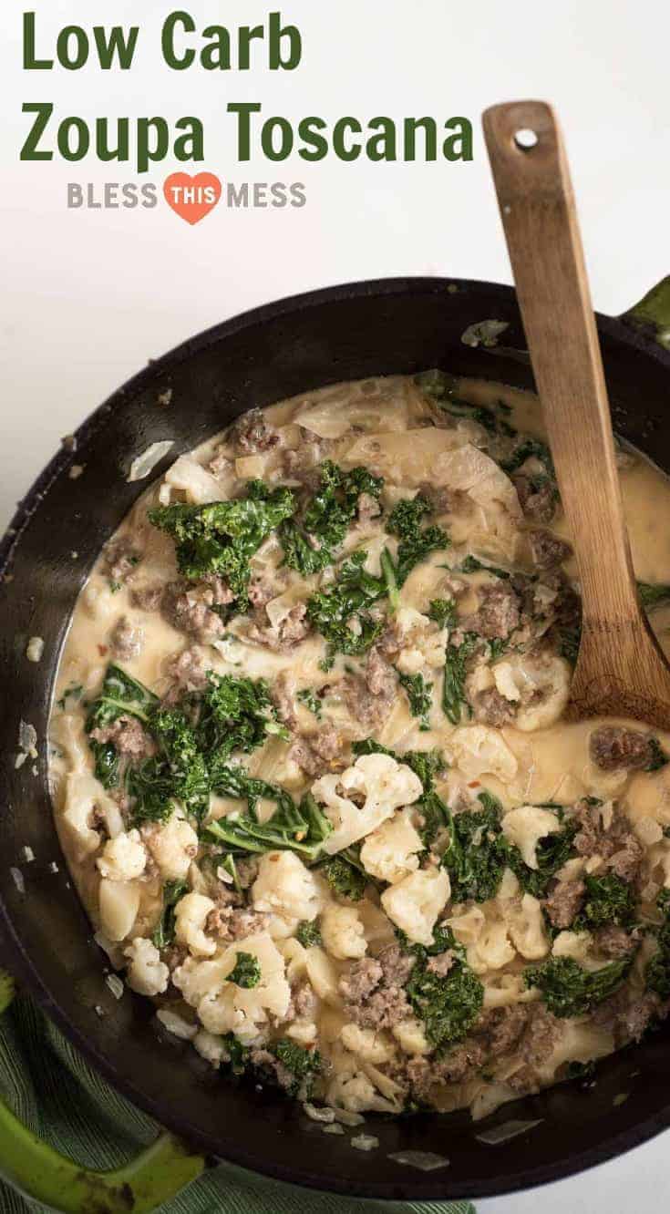 Healthy Cauliflower Sausage and Kale soup is the low carb version of Zuppa Toscana that uses cauliflower in place of the potatoes! 
