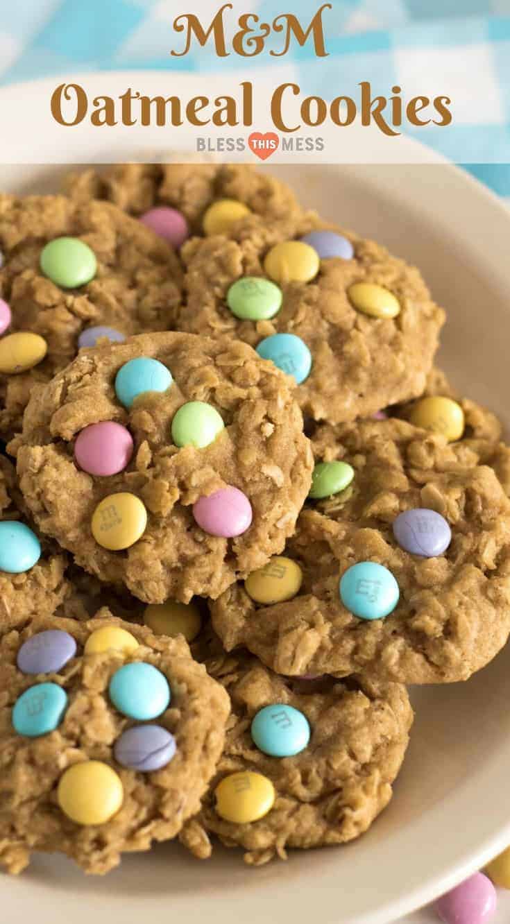 Homemade oatmeal cookies topped with colorful M&M candies to make the cutest cookies on the block; plus they taste great too! #oatmealcookies #spring #cookies #baking #dessert #recipe #food 