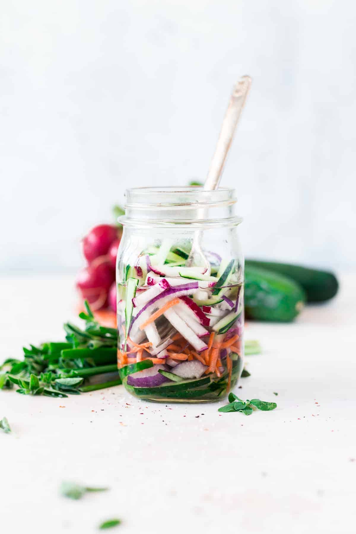 Quick pickled cucumbers and onions made with optional carrots and radishes make the perfect addition to salads, sandwiches, and more!