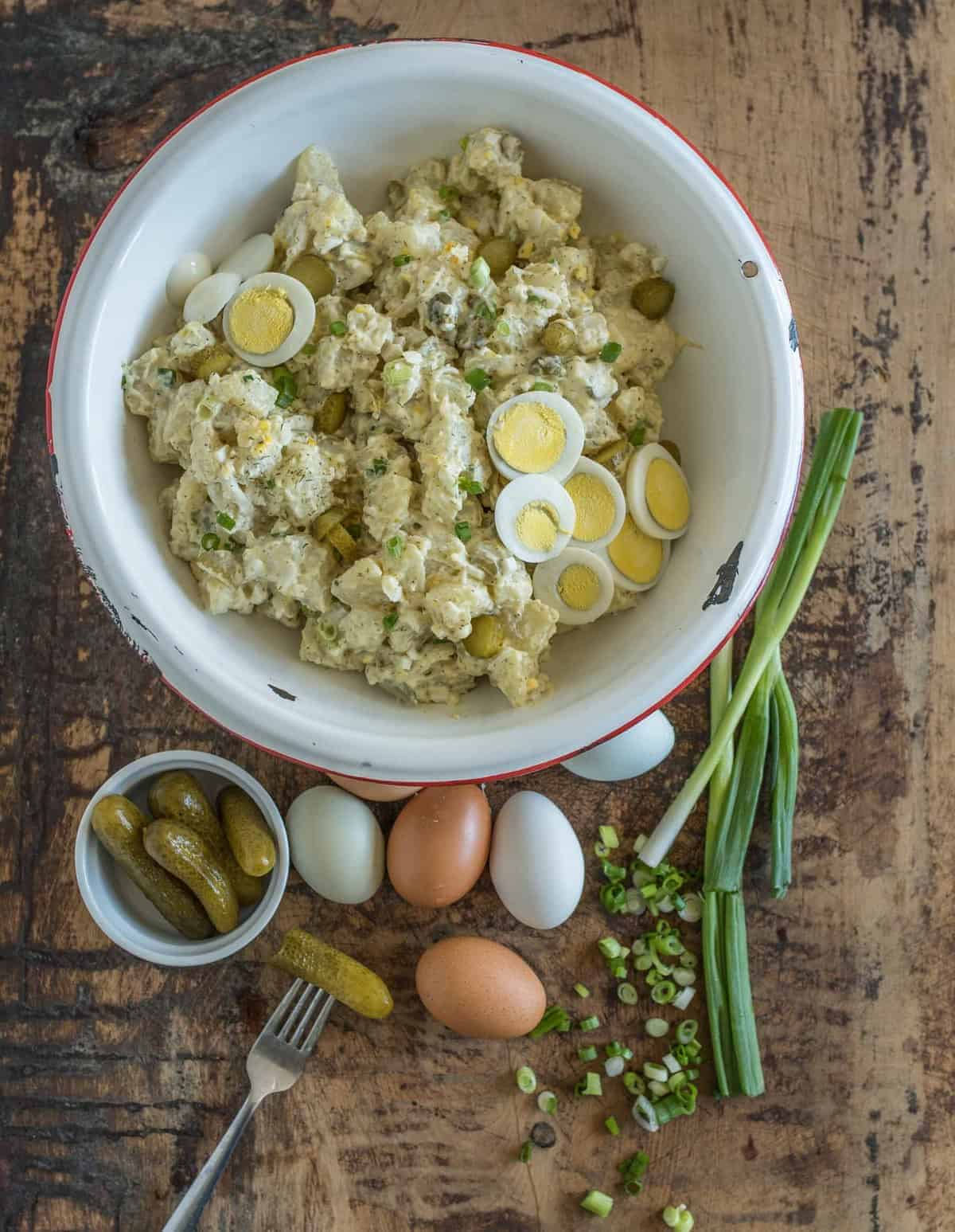 Instant Pot Potato Salad that only has a 5 minute cook time and you cook the eggs right along with the potatoes, plus there's a secret ingredient.