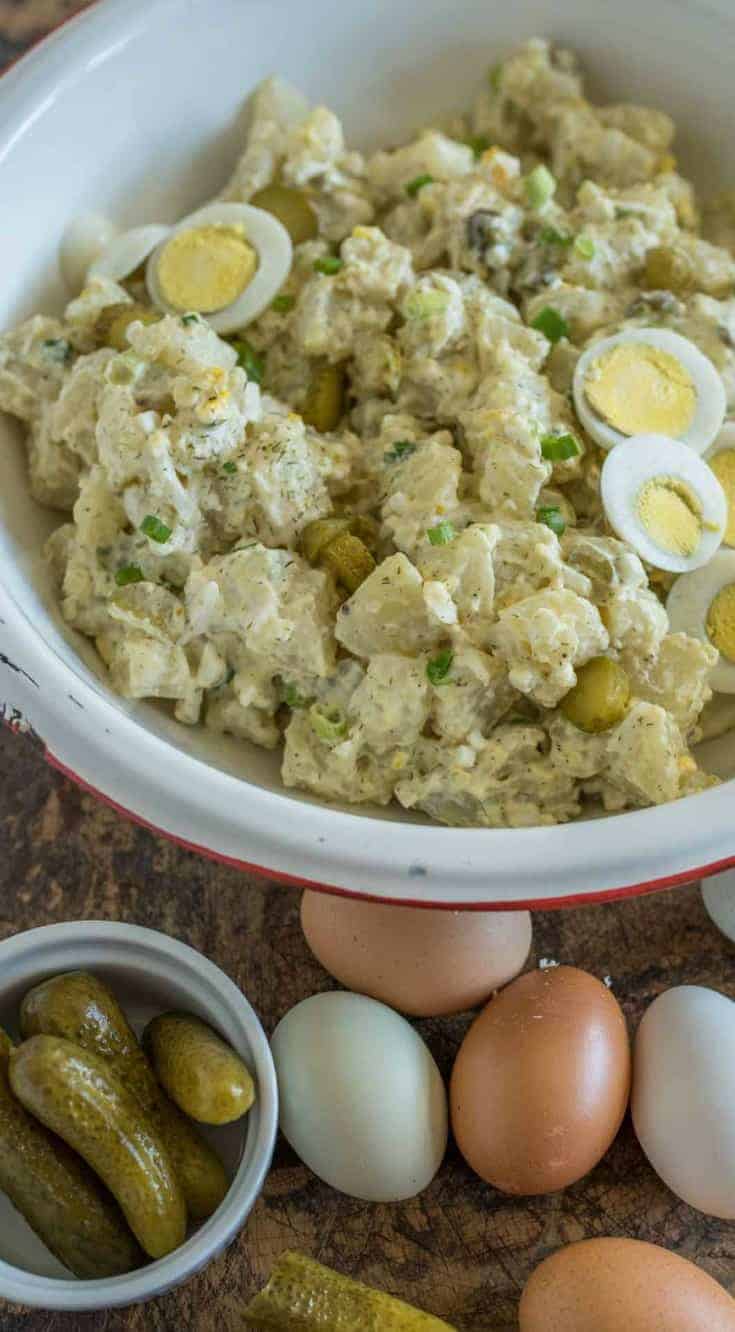 Instant Pot Potato Salad that only has a 5 minute cook time and you cook the eggs right along with the potatoes, plus there's a secret ingredient.