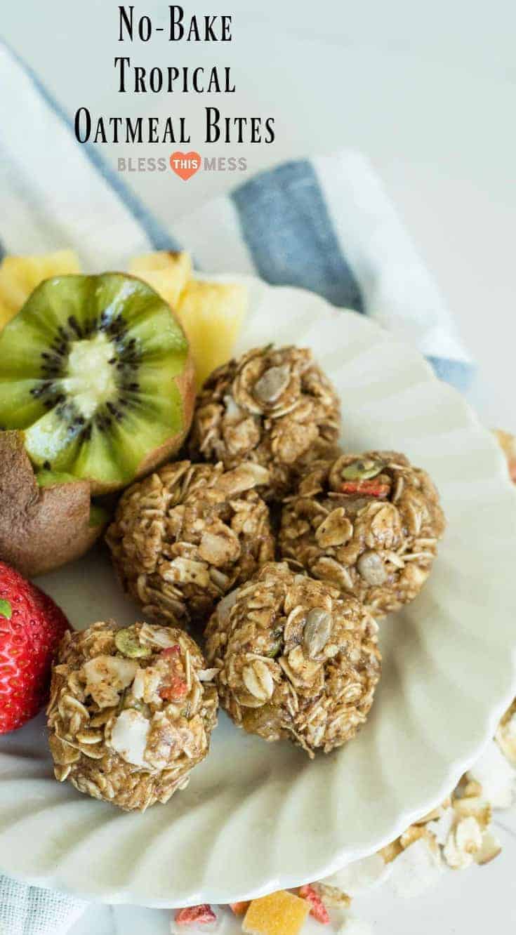 3 Ingredient No Bake Muesli Bites made with tropical muesli, almond butter, and honey that only take 1 minute to stir together.