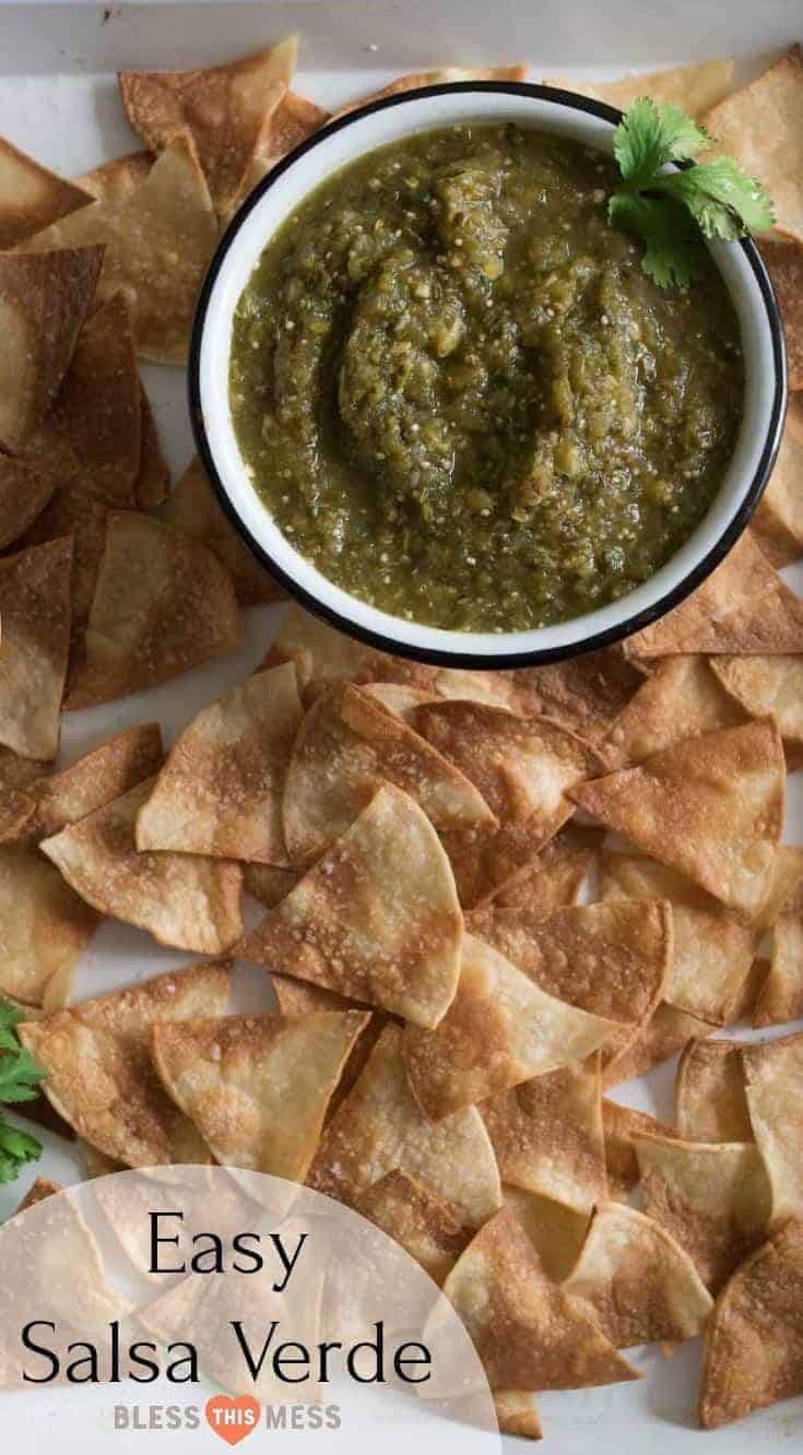 Quick and easy salsa verde recipe made with oven roasted tomatillos, peppers, onion, and garlic all blended to salsa perfection with a mix of herbs, spices, and lime juice.