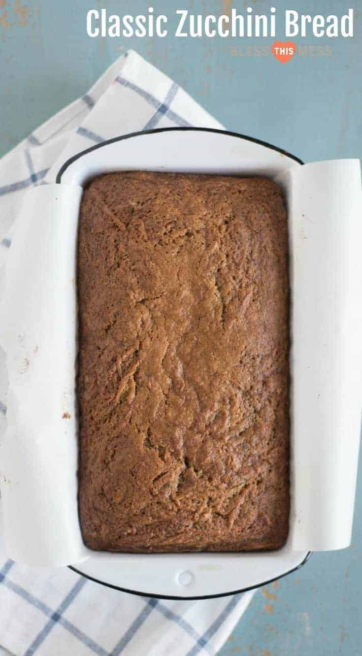 Classic Zucchini bread recipe made with fresh or frozen zucchini, melted butter, and just the right amount of sugar.
