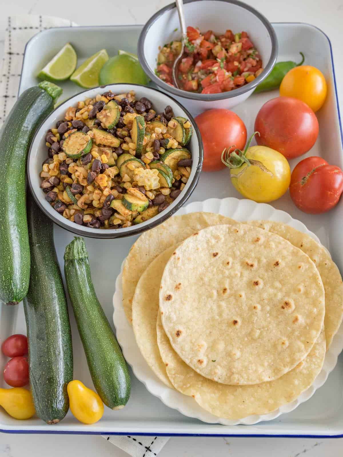 Image of a Roasted Zucchini, Corn & Black Bean Taco Platter