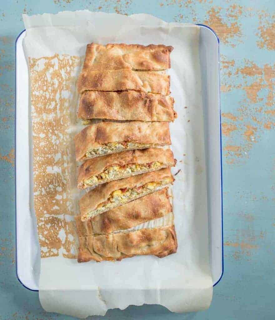 Pan of oven-baked breakfast pizza sticks