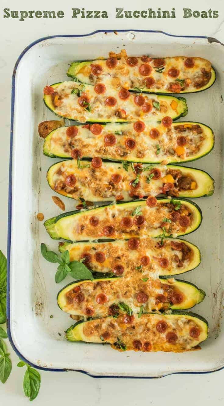 All the flavors of a supreme pizza turned into a stuffed zucchini, made with sausage, pepperoni, peppers, onions, cheese and more and done in less than 30 minutes.