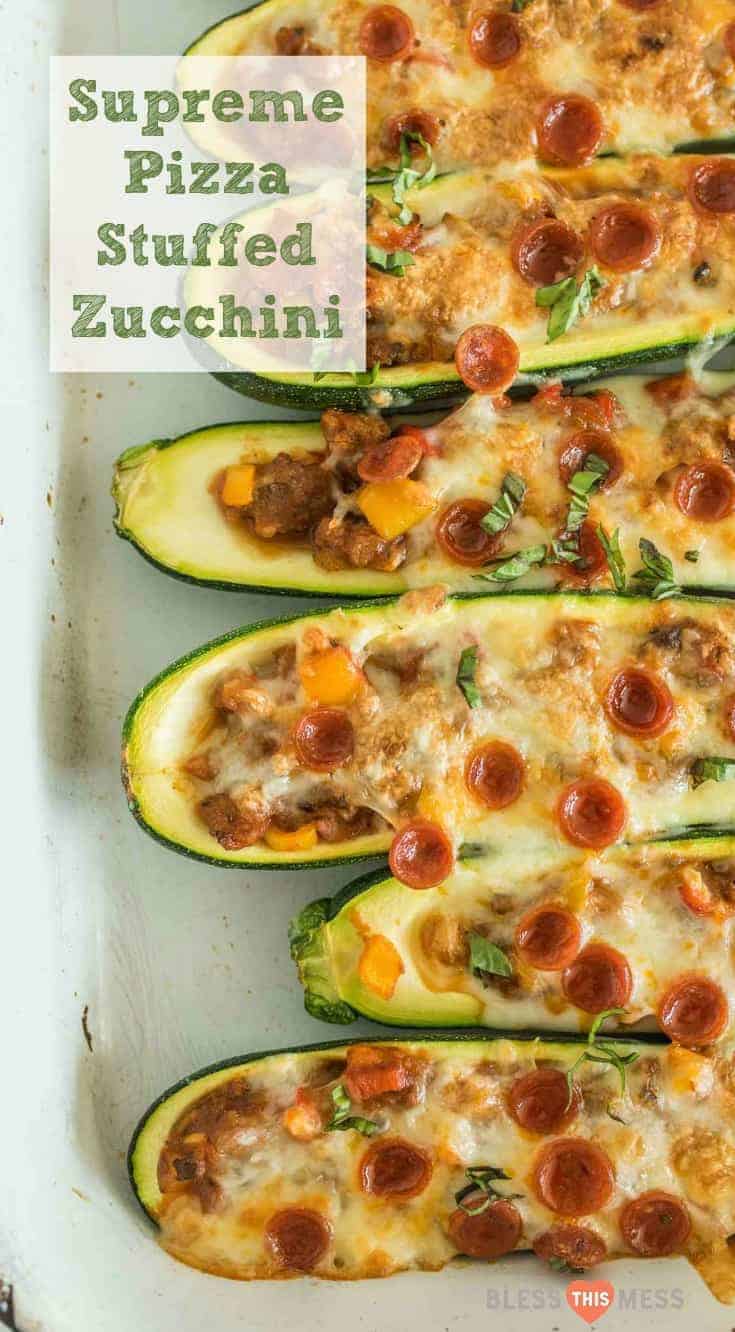 All the flavors of a supreme pizza turned into a stuffed zucchini, made with sausage, pepperoni, peppers, onions, cheese and more and done in less than 30 minutes.